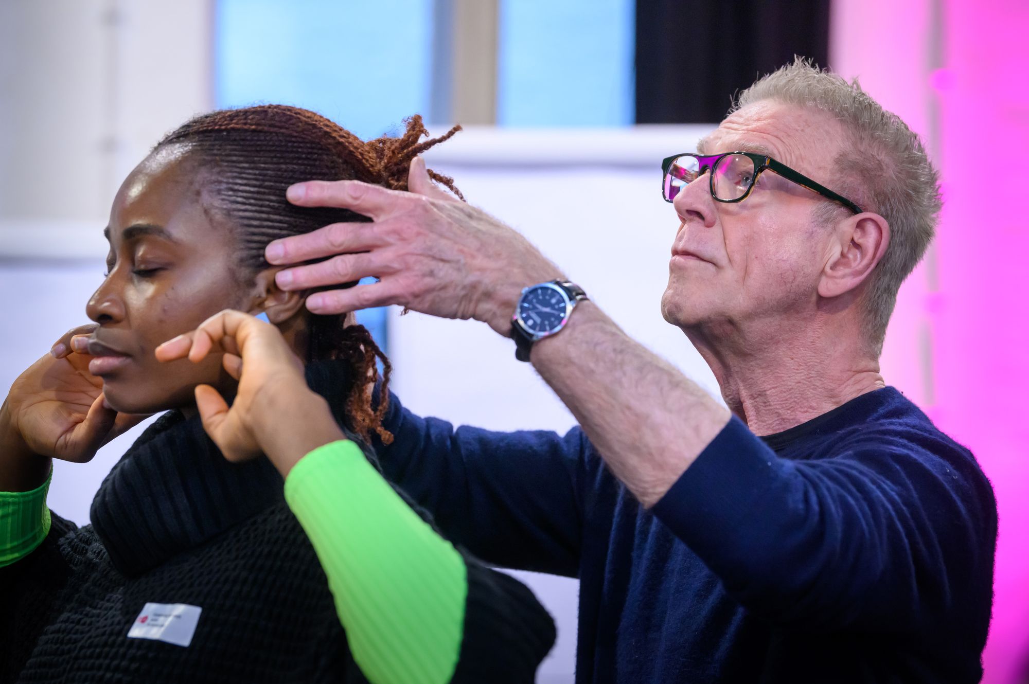 Jean Louis Rodrigue guides Uzoamaka Aniunoh during the Acting Studio Workshop.